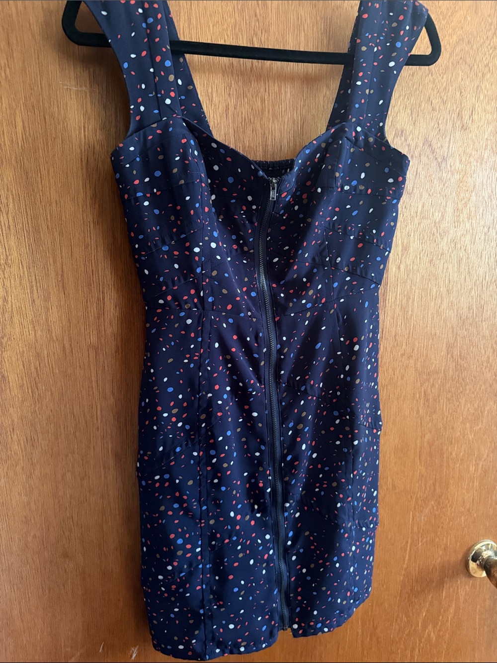 BCBGeneration Navy Mini Dress with Red and Light Blue Dot Print